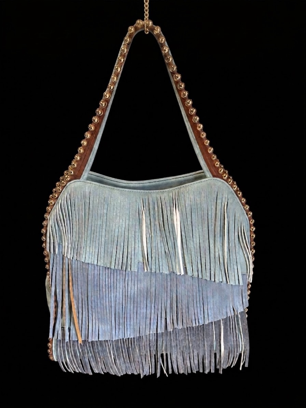 Big Buddha Pale Blue Suede Fringe Shoulder Bag with Studded Strap